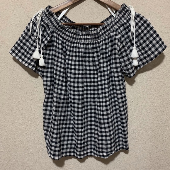 LOFT Gingham Side Toe Off the Shoulder Top XSmall - Picture 2 of 7